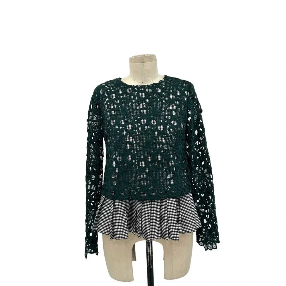 Anthropologie Maeve Gabriella Top Blouse Peplum Gingham Lace Green Size XS‎